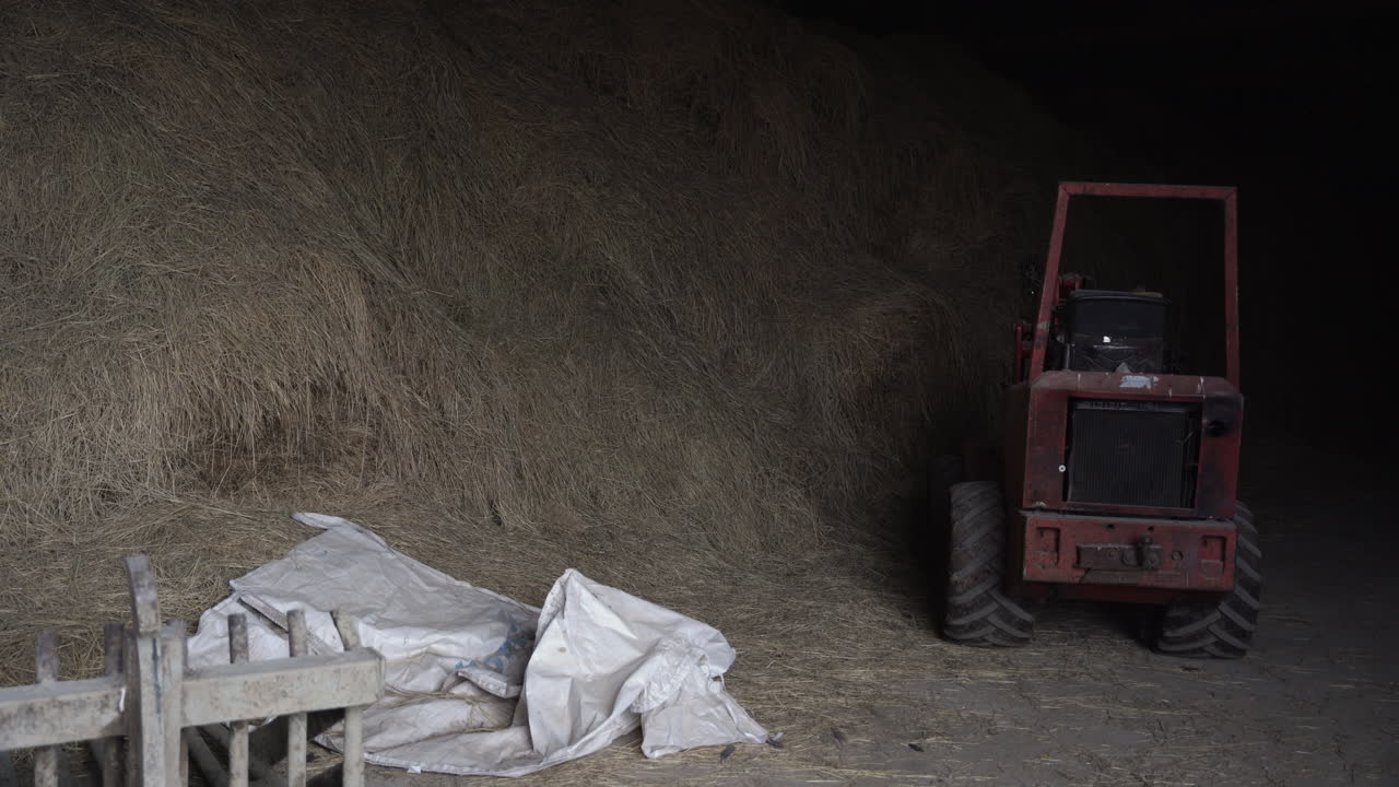 Campo medio di attrezzature agricole e fieno all'interno di un fienile