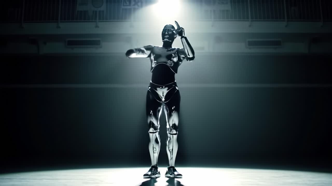 A Futuristic Dance Showdown: A Sleek, Metallic Robot Showcases Impressive Dance Moves Under Dramatic Lighting, Capturing the Essence of Artistry and Technology