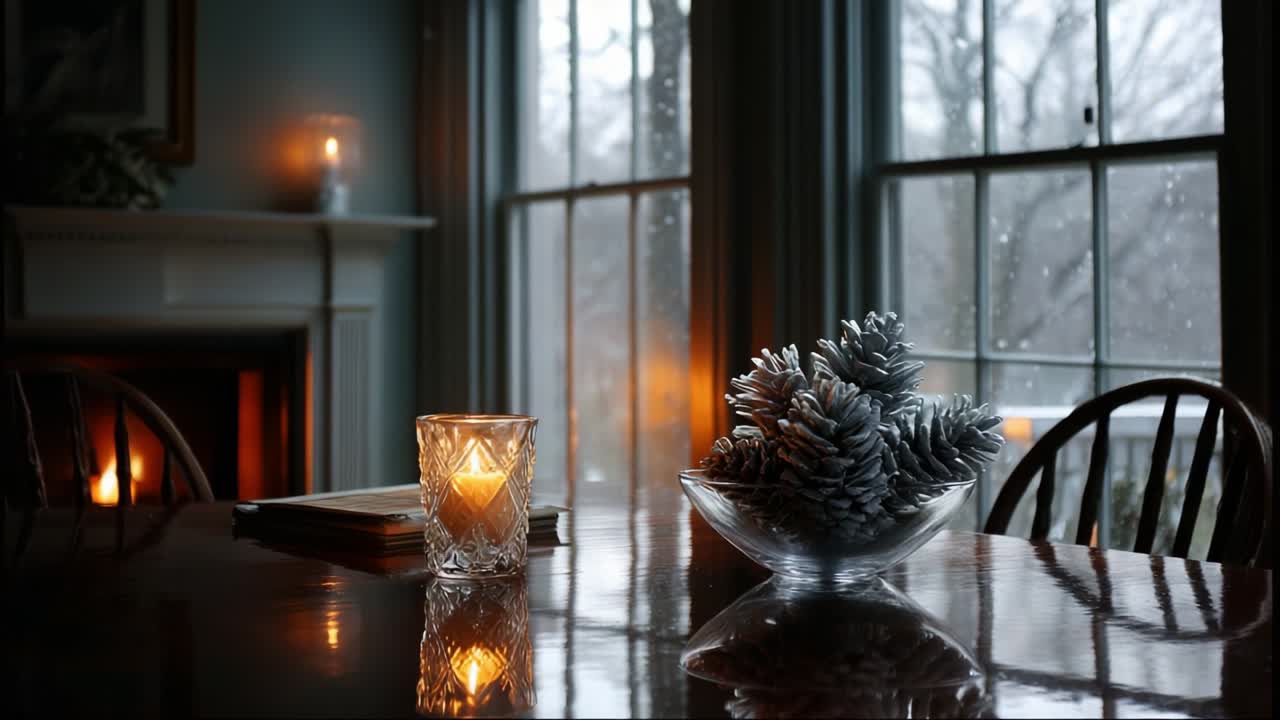 A Cozy Winter Evening: Captivating Candlelight Reflections and Frosted Pinecones Set Against Rainy Windows in a Warm, Inviting Room Atmosphere of Relaxation and Tranquility