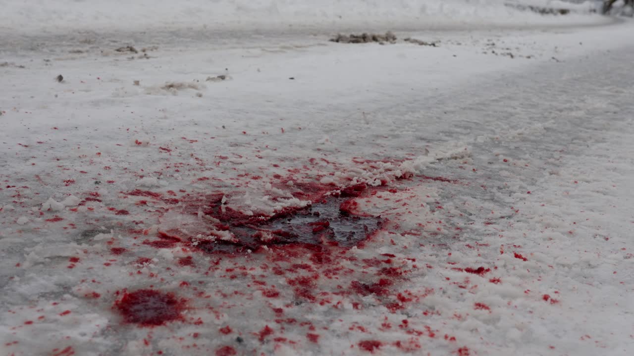 coche conduce sobre un parche de sangre en una carretera nevada, resultados de un accidente automovilístico, 60 fps