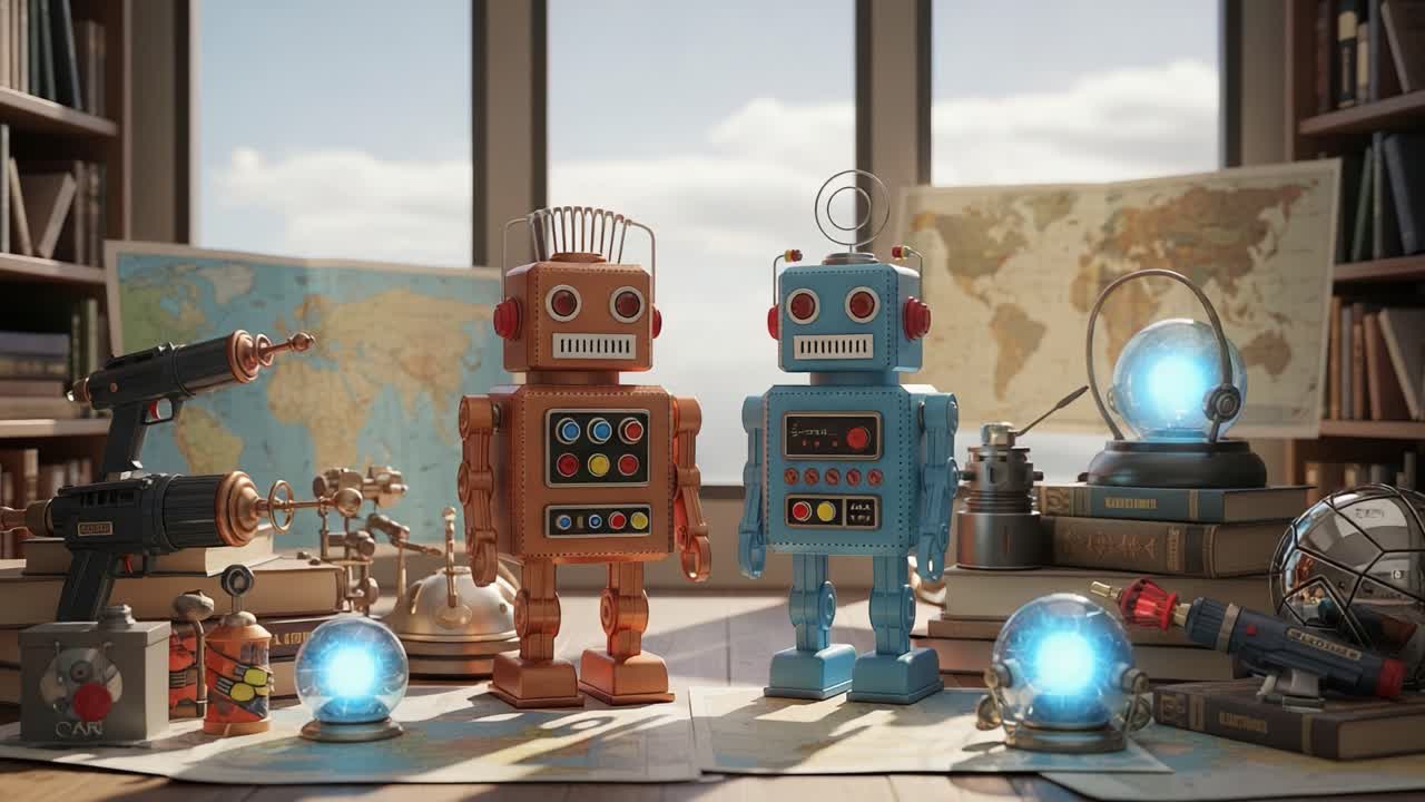 A Captivating Scene of Retro Robots in a Vintage Library Setting