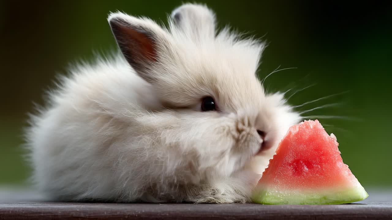 A Cute Fluffy Rabbit Relaxing Next to a Slice of Juicy Watermelon, Captured in a Charming Moment of Serenity and Playfulness