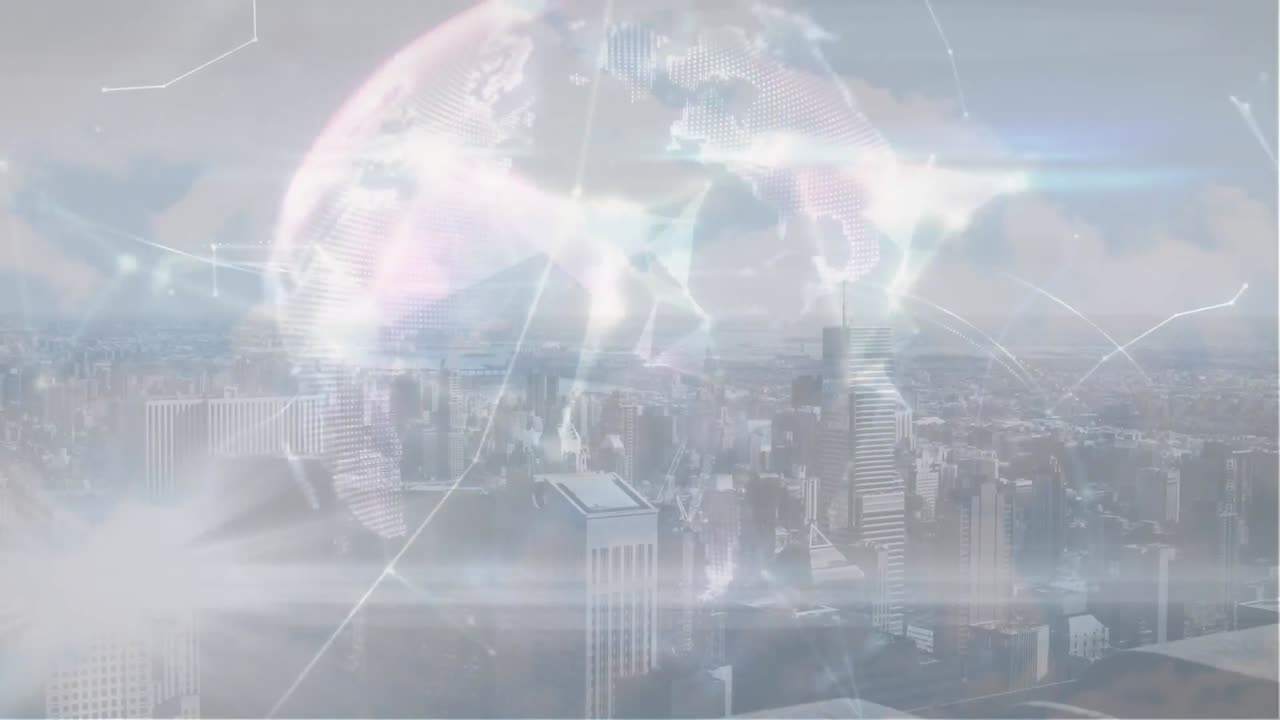 도시 풍경과 구름이 있는 하늘 위의 연결의 지구의 애니메이션