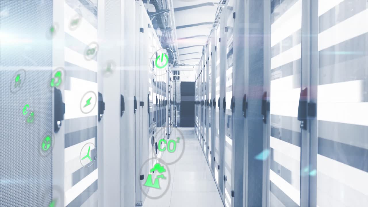 Animation af ikon i cirkler over bevægelige bjælker på dataserversystemer i et serverrum.