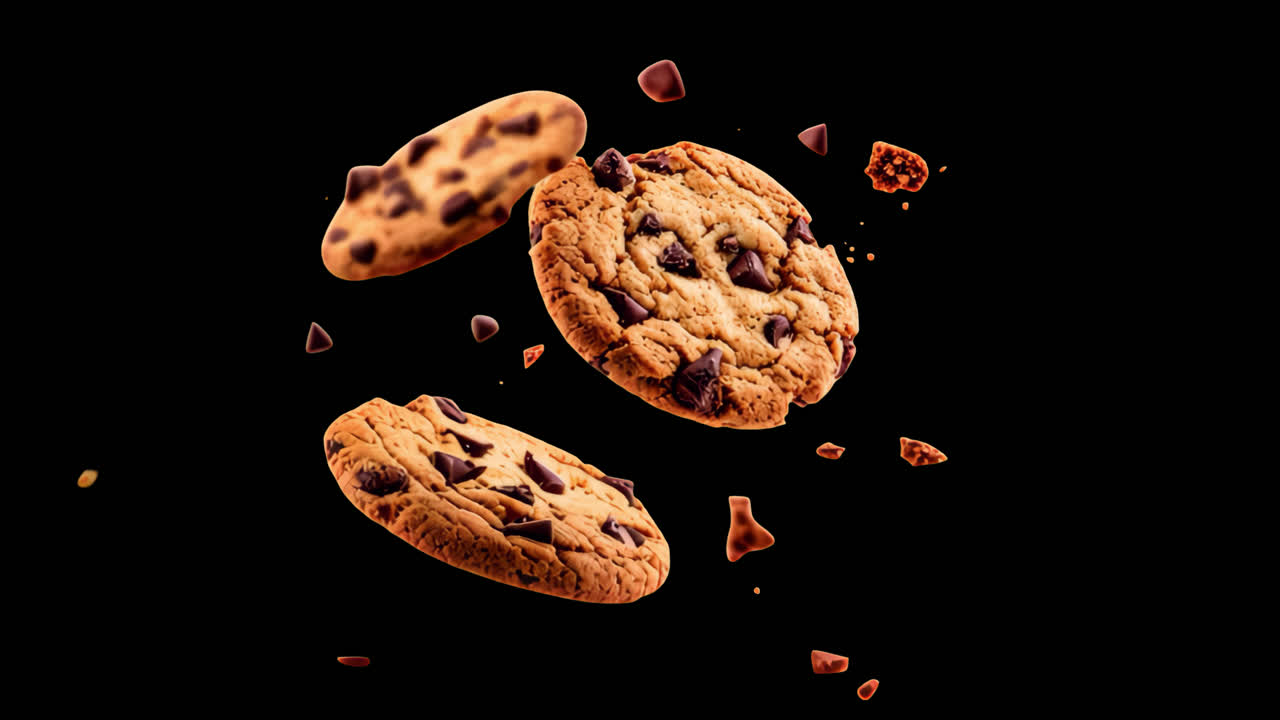 Delicious chocolate chip cookies floating animated overlay, transparent 4K video, alpha channel