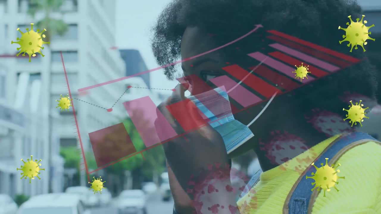 Animation of virus cells and graphs over african american woman in face mask