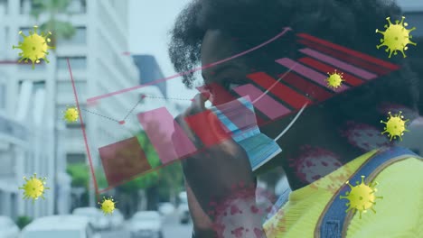 animation of virus cells and graphs over african american woman in face mask