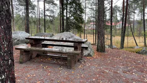 lluvia cayendo sobre la mesa y el banco, lugar de descanso de senderismo en el bosque finlandés, tiro de mano