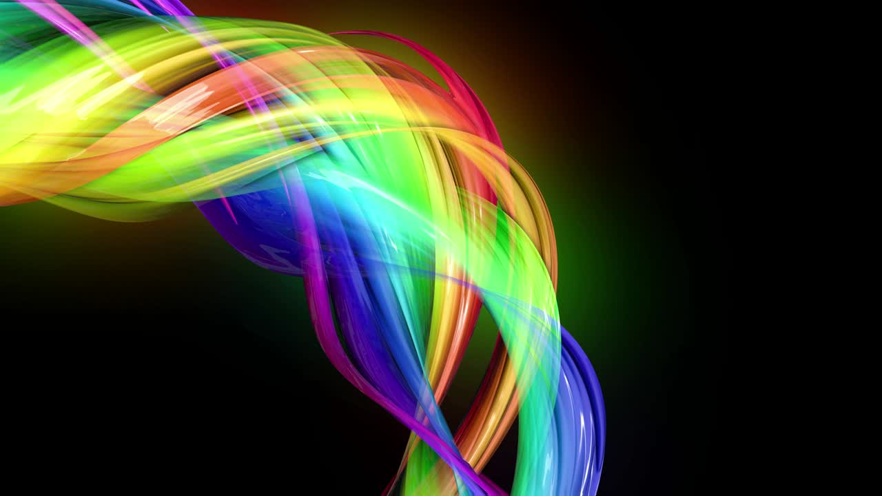 라인과 리본이있는 추상적인 배경으로 원으로 움직이는 네온 빛을 가진 무지개 색의 테이프의 4k 다채로운 루프 애니메이션. 루마 매트는 컴포지팅을위한 알파 채널로 포함되어 있습니다.