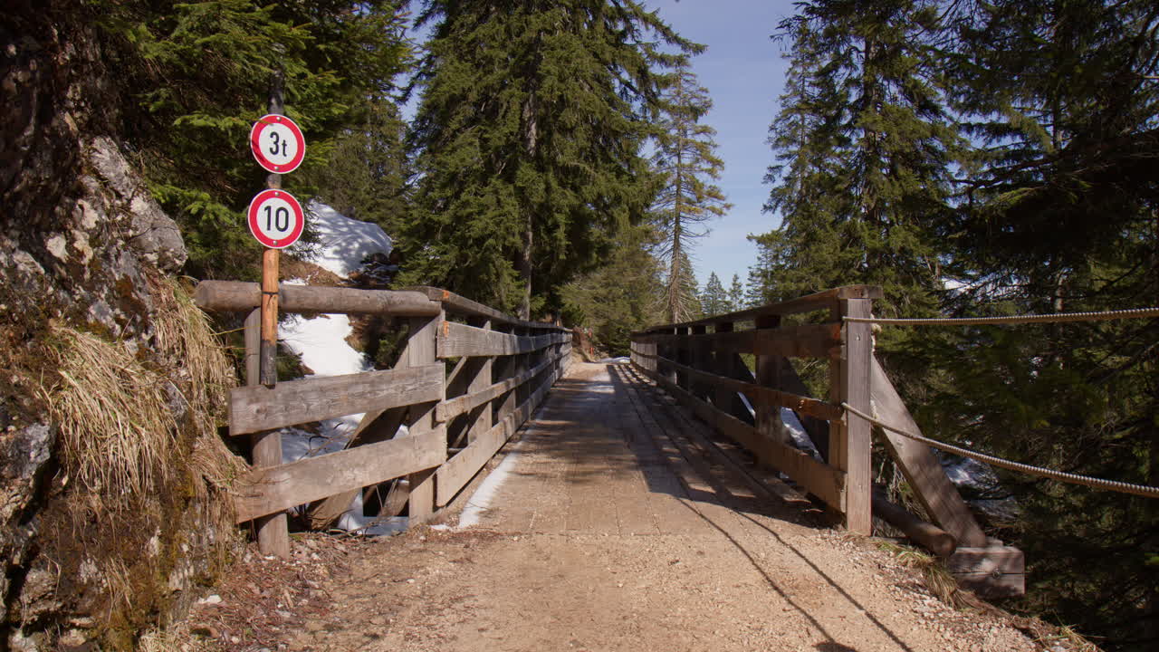 Wooden Bridge Through Mountain Trails In Bavarian Alps, Germany. Wide Shot