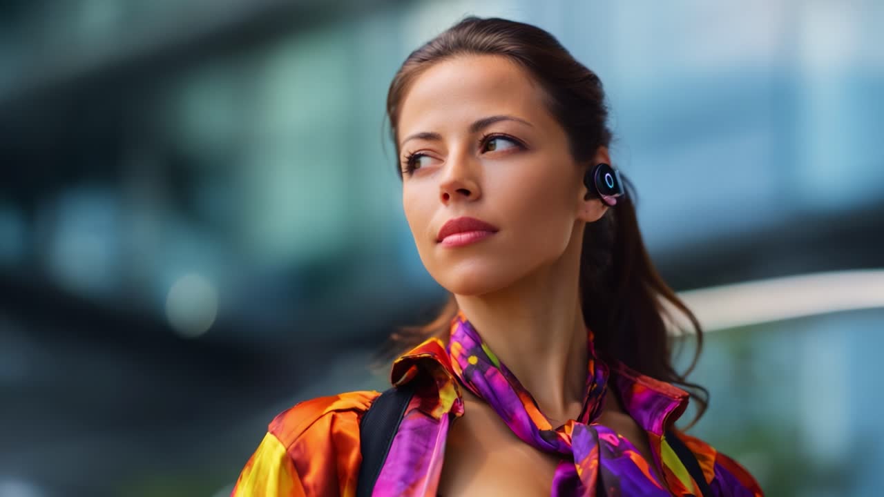 Una mujer segura de sí misma con un pañuelo elegante y unos auriculares modernos mira pensativa a la distancia en un entorno urbano, mostrando elegancia y confianza en sí misma.