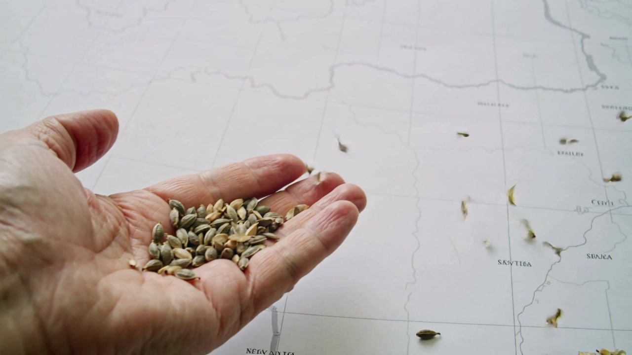 Tilting cupped adult hand releasing seeds onto map, spreading seeds into loose cluster, copy space