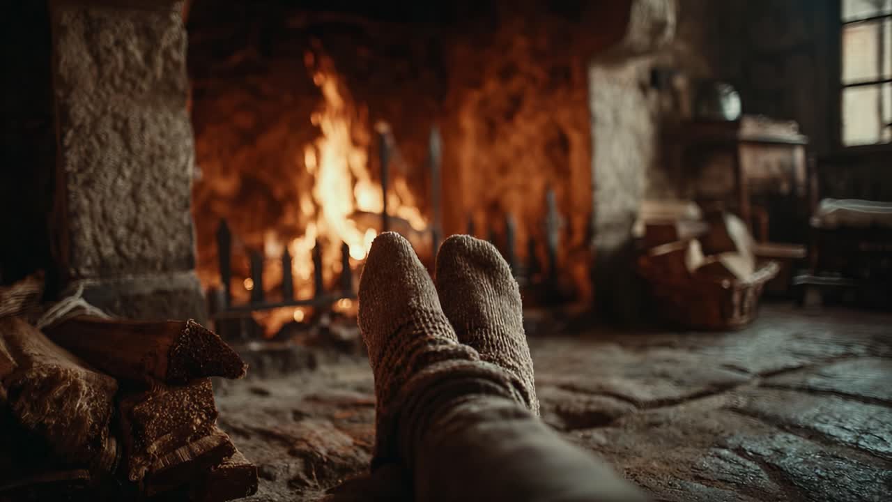 Cozy Evening by the Fireplace: A Serene Moment of Relaxation and Warmth Captured in a Rustic Setting with Socks and Flickering Flames
