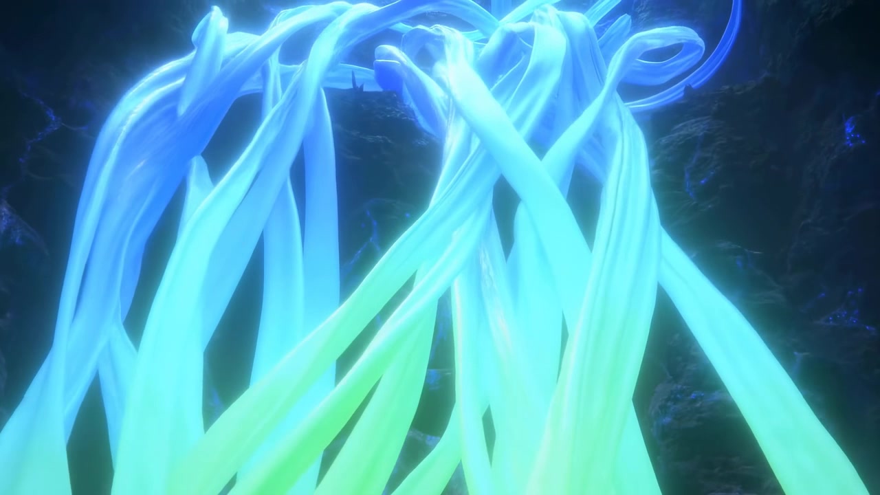 Glowing ribbon streams rising and intertwining in middle of abstract sequence