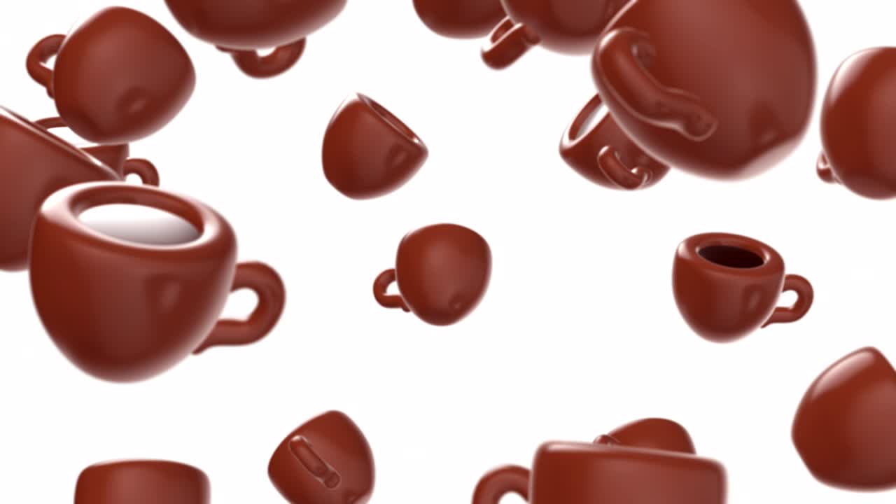 회전 및 비행 커피 또는 차 컵, 추상적인 모션 3d 배경, 만화 현실적인 스타일의 루프 애니메이션, 음식 및 음료 프로젝트를위한 현대적인 미니멀리즘 다채로운 예술 작곡.