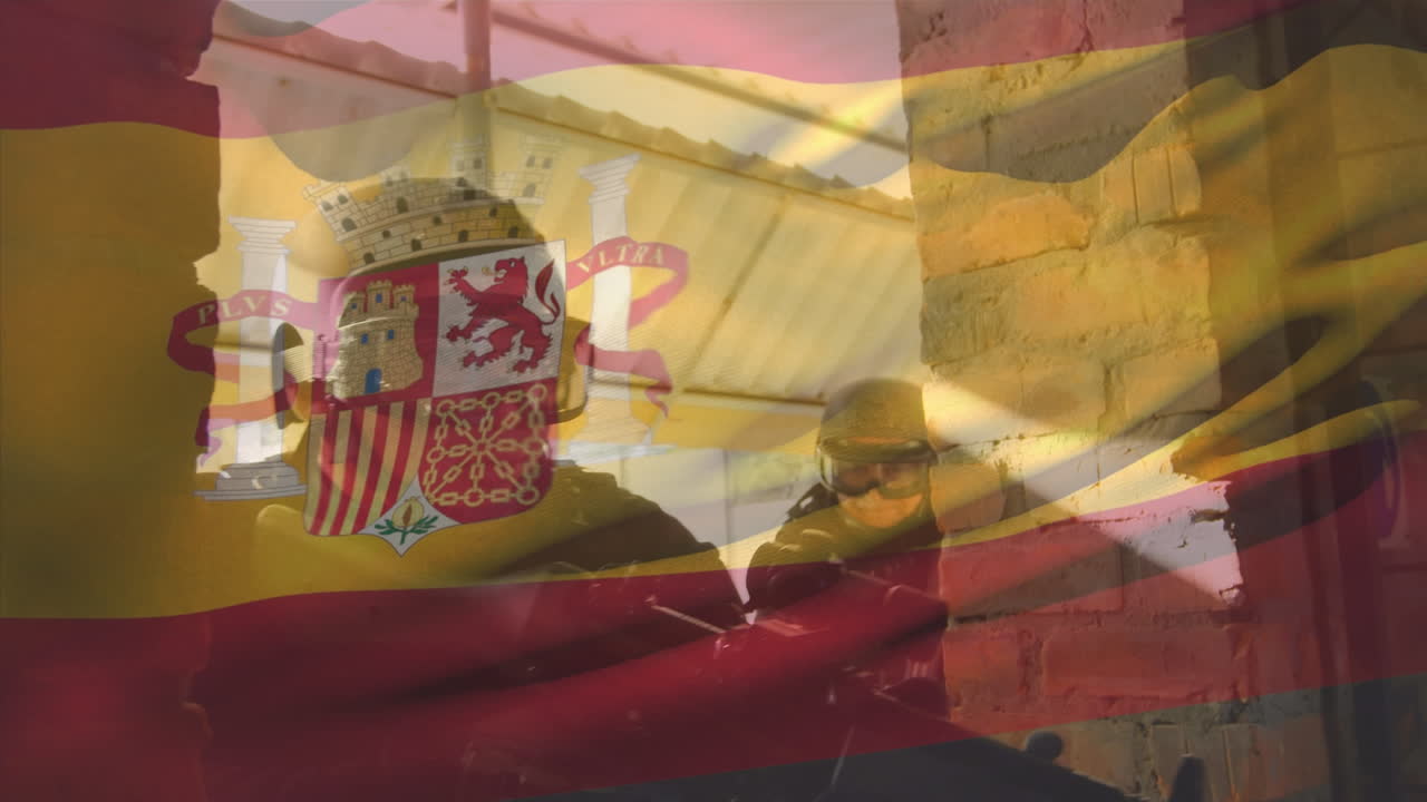 animación de la bandera de españa sobre soldados caucásicos con armadura