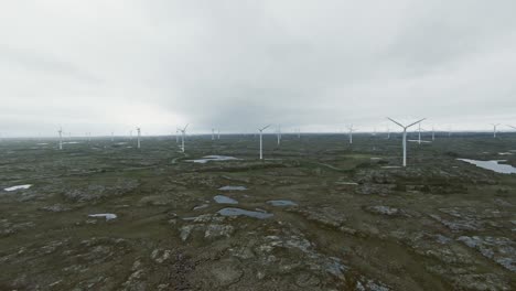 Many-wind-turbines-in-wast-flatlands-of-Norway,-aerial-FPV-view