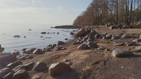 rocky beach shore with many boulders and blue sea nordic nature