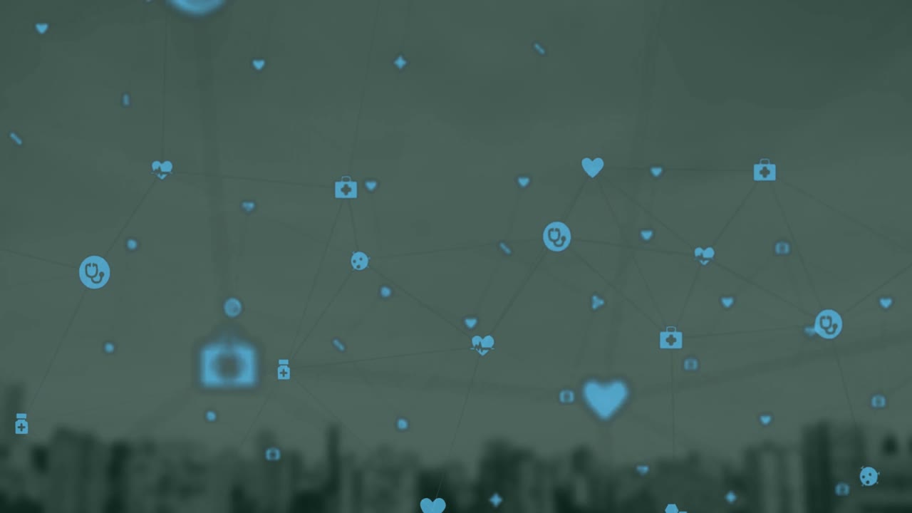 도시 풍경의 공중 전망에 대한 의료 아이콘 네트워크의 애니메이션