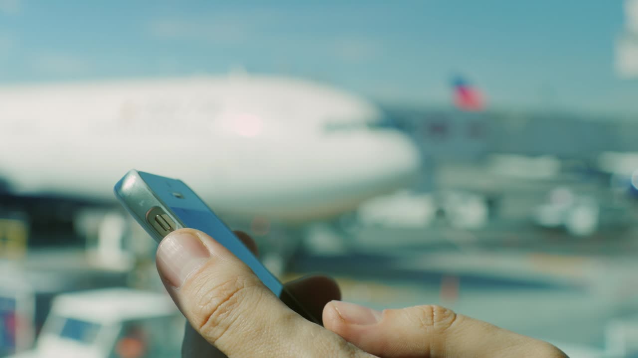 hombre de negocios utiliza el teléfono inteligente en el aeropuerto. manos de un hombre con el teléfono en el fondo del aeródromo y el avión