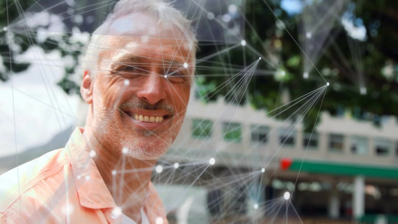 Man tapping tablet by fountain and activating tech overlay of nodes, visualizing urban connections