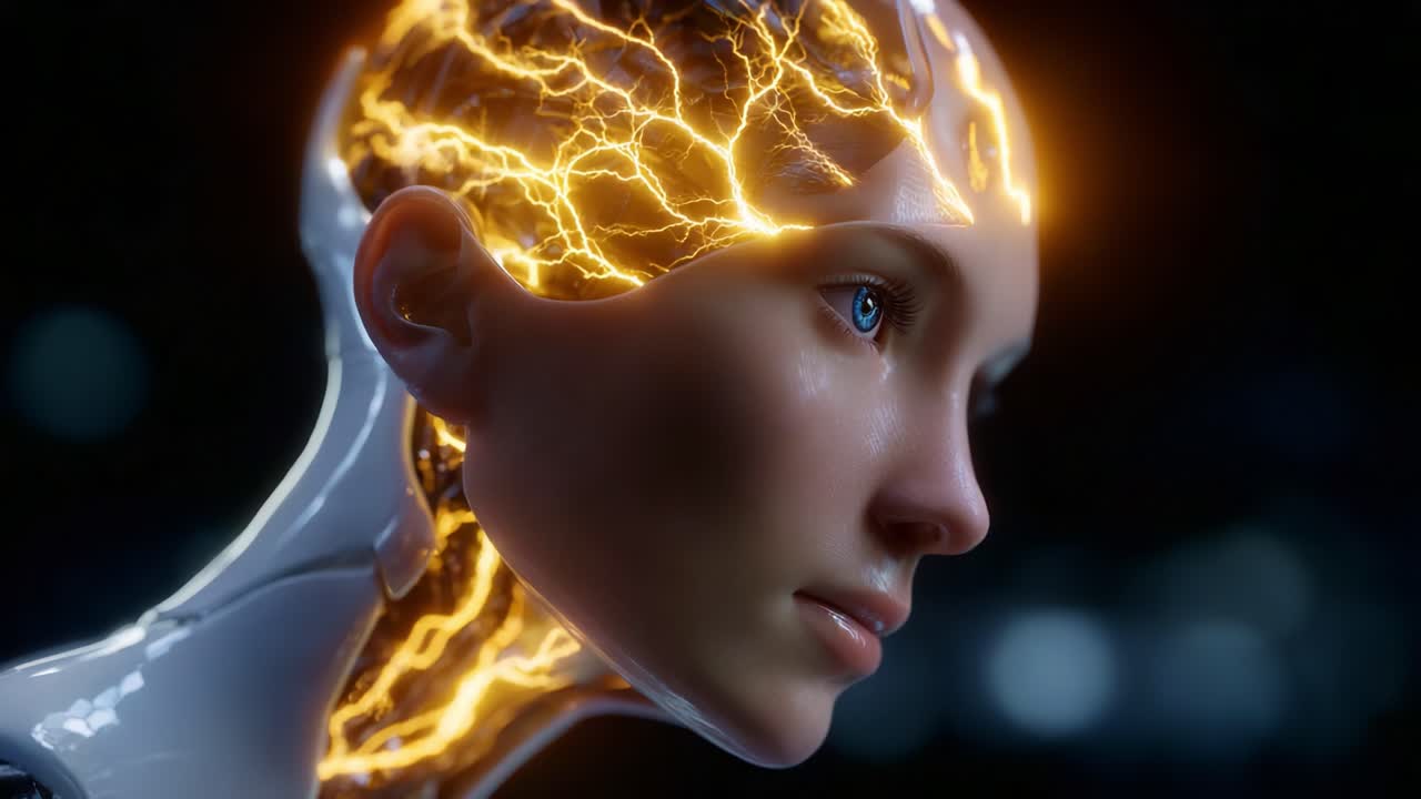 Esplorando l'intersezione tra tecnologia e umanità: un rendering in 3D di un robot futuristico con pattern neurali elettrizzanti sulla testa