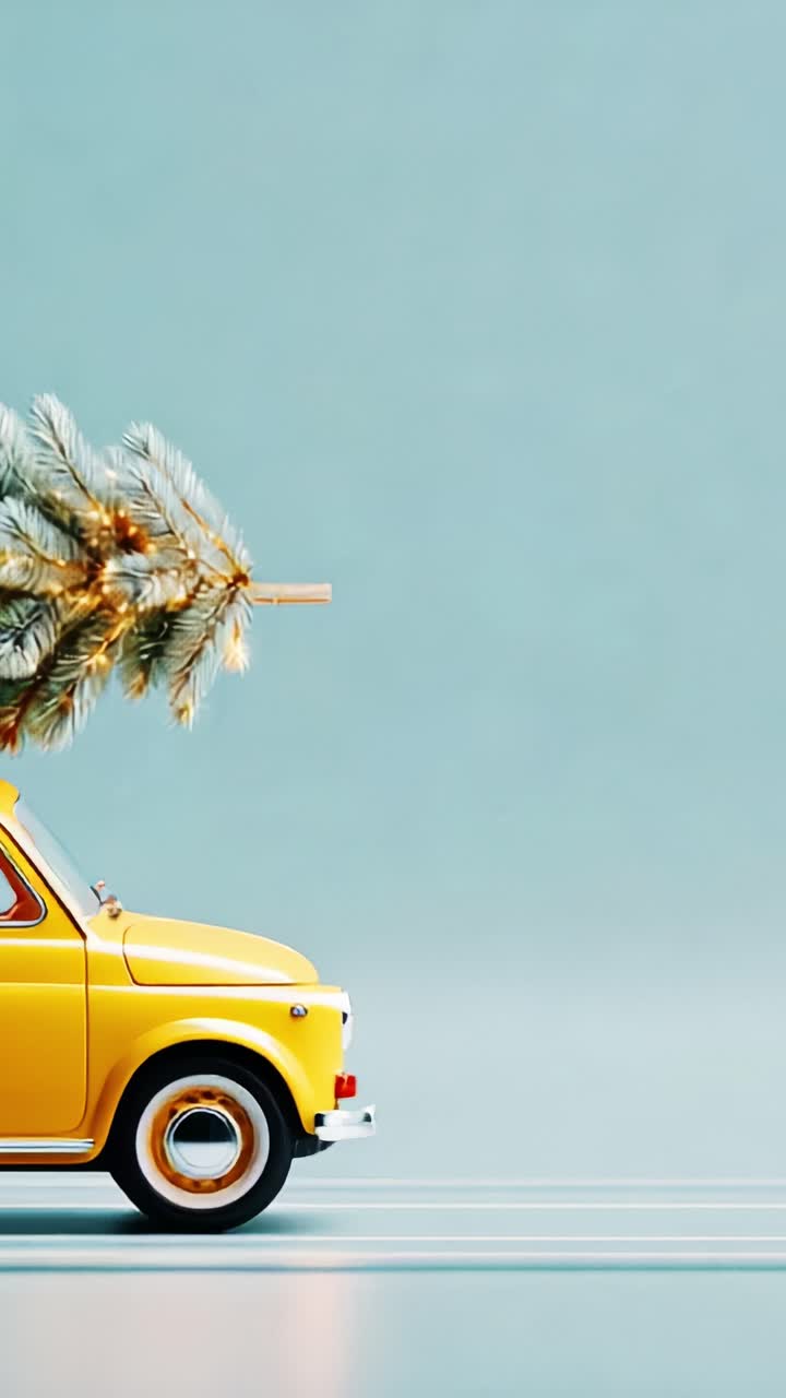 Un'affascinante auto gialla trasporta un albero sempreverde splendidamente decorato, mettendo in mostra uno spirito festoso su uno sfondo dai tenui colori pastello che esalta la gioia stagionale.