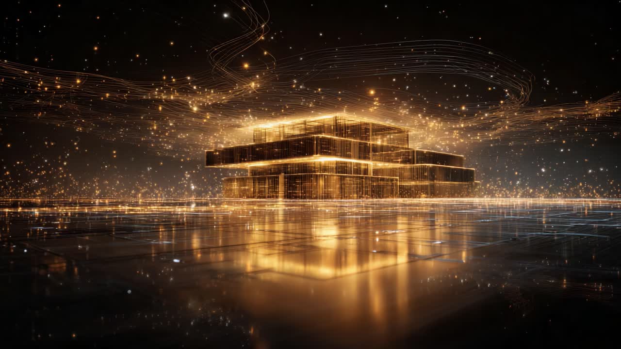 A Stunning Visualization of a Futuristic Structure Bathed in Golden Light and Surrounded by a Magical Starfield, with Dynamic Energy Flowing Through the Atmosphere, Creating a Captivating Sci-Fi Networked World