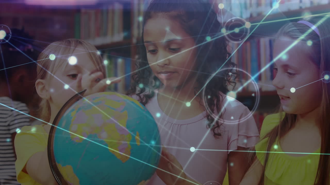 red de conexiones entre diversos estudiantes que aprenden geografía usando un globo en la escuela primaria