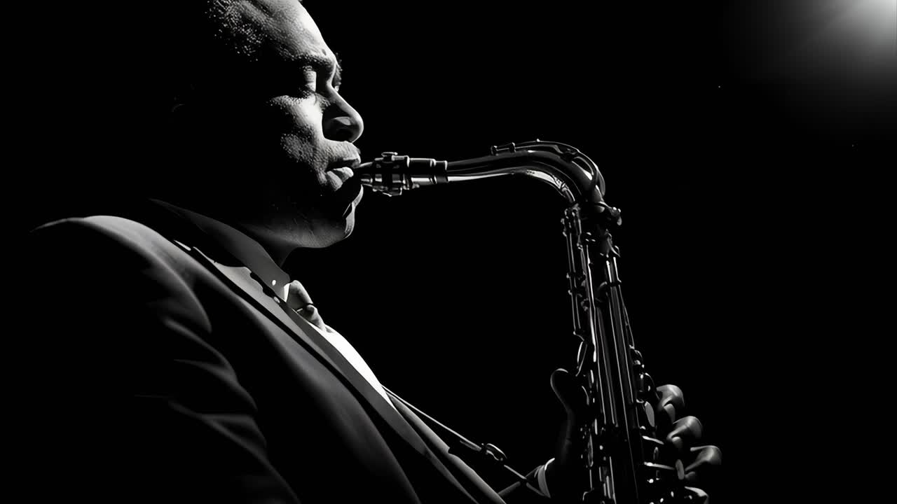 Black and white jazz musician passionately playing saxophone