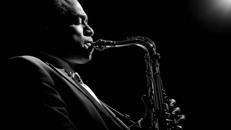 black and white jazz musician passionately playing saxophone