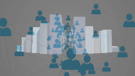 network of blue human icons animation over cityscape with tall buildings