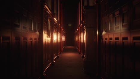 Animation-of-old-wood-panelled-corridor-in-scary-dark-interior