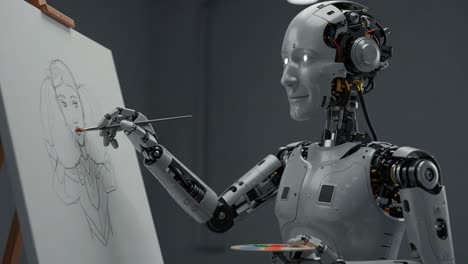 a robotic artist captivatingly draws a portrait on canvas, showcasing the fusion of technology, creativity, and modern artistry in a high-tech studio environment