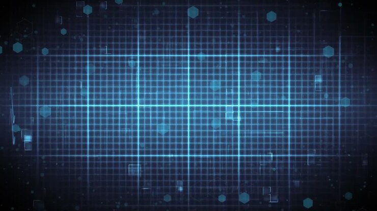 Animation of grid with heartbeat and data processing on black background