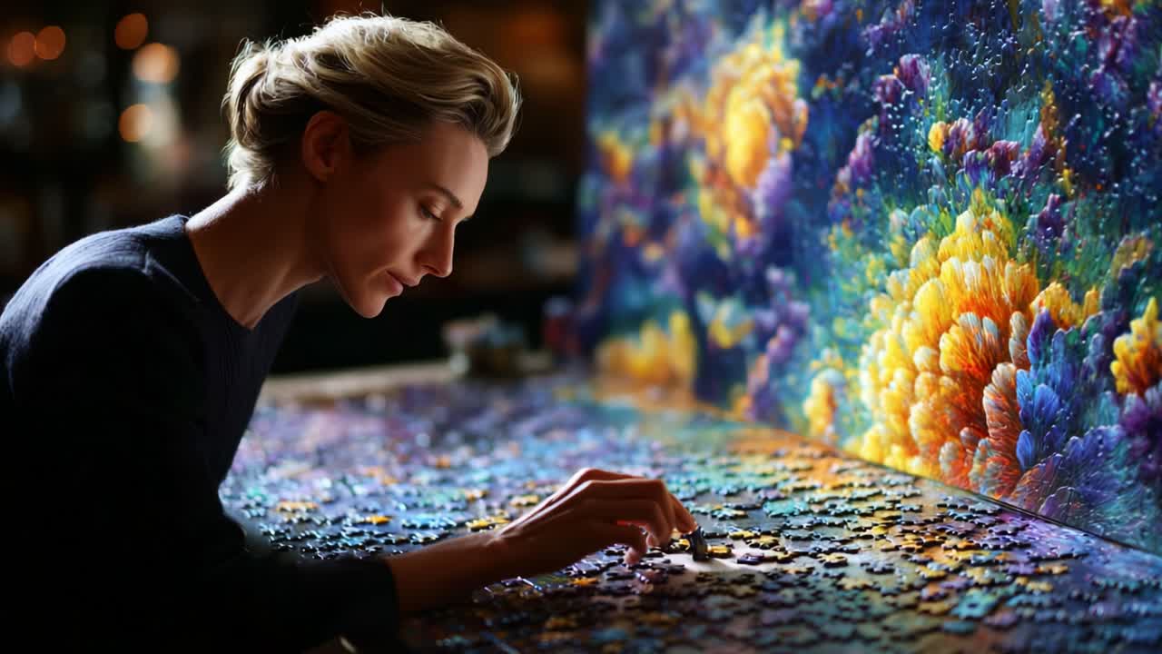 A Woman Deeply Engrossed in Completing a Vivid and Intricate Puzzle, Surrounded by Colorful Imagery and Warm Ambiance, Showcasing a Moment of Concentration and Artistic Engagement