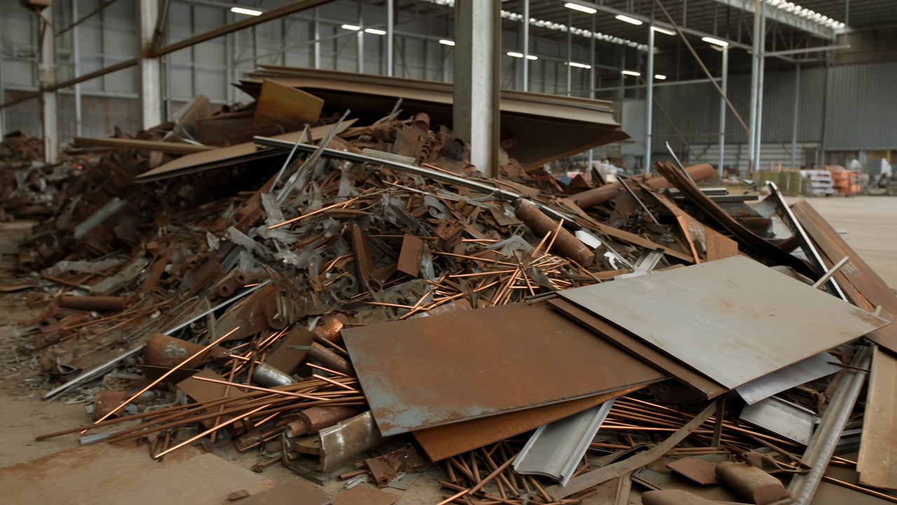 Industrial Scrap Metal Pile Inside Warehouse Rusted Sheets And Copper Rods Scattered Across Concrete Floor,