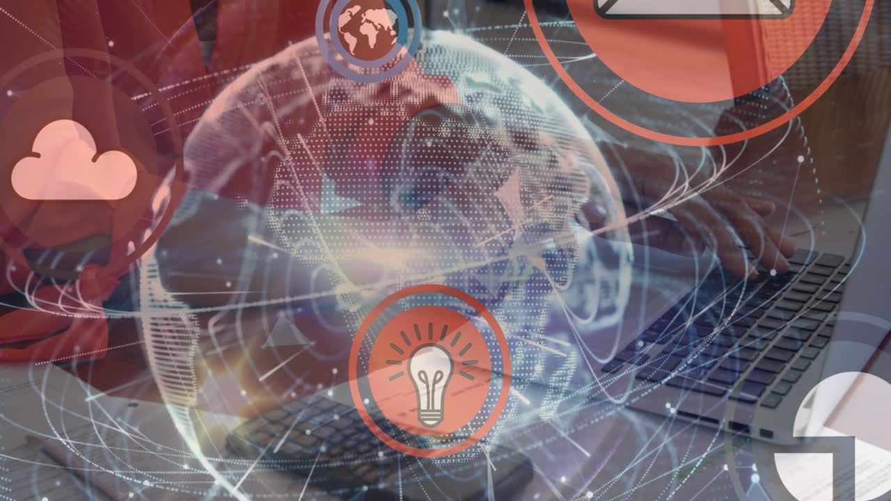 анимация икон в кругах, глобус, обрезка руки белой женщины, пишущей на клавиатуре ноутбука