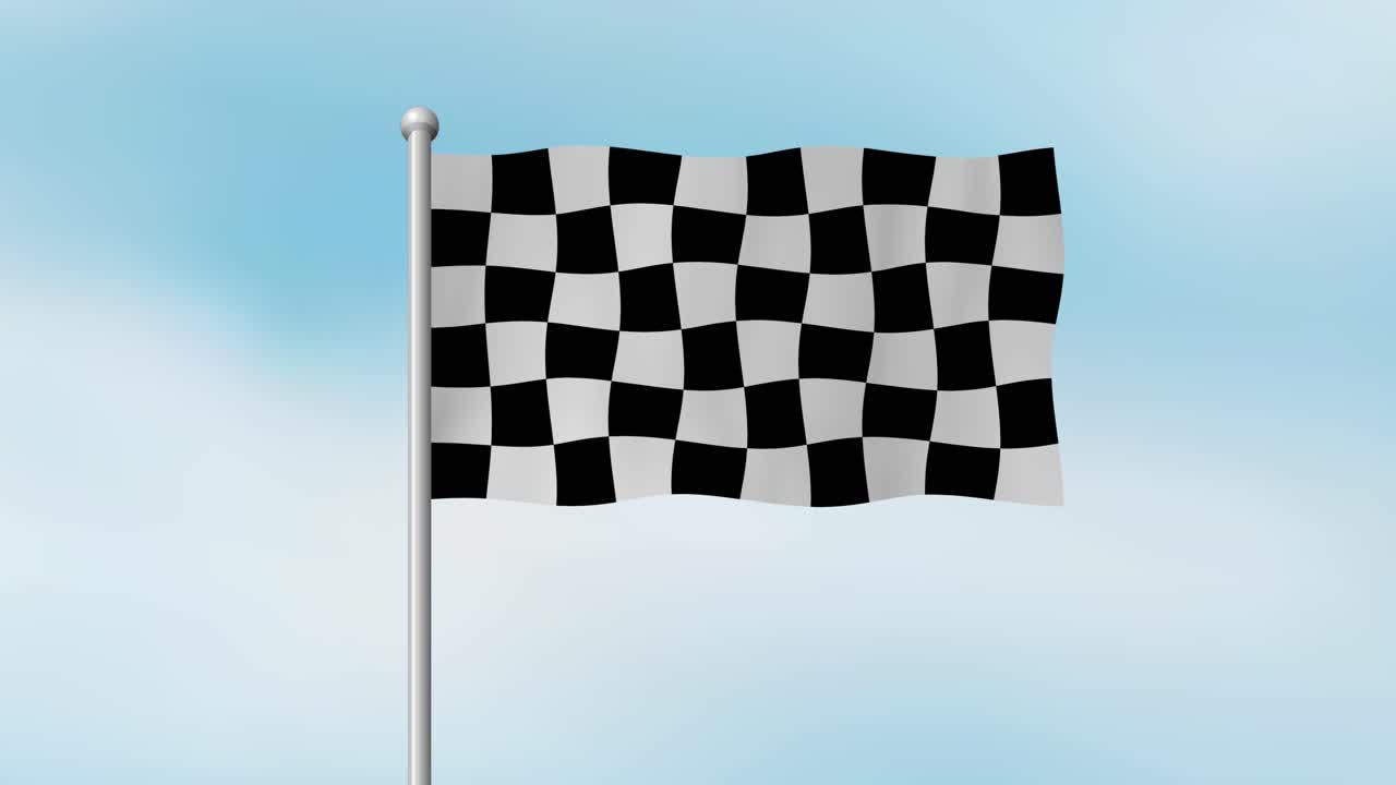 Black and white checkered flag smoothly waves on flagpole, blue sky background, realistic animation style