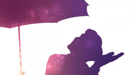 animation of silhouette of businessman with umbrella checking for rain on white background
