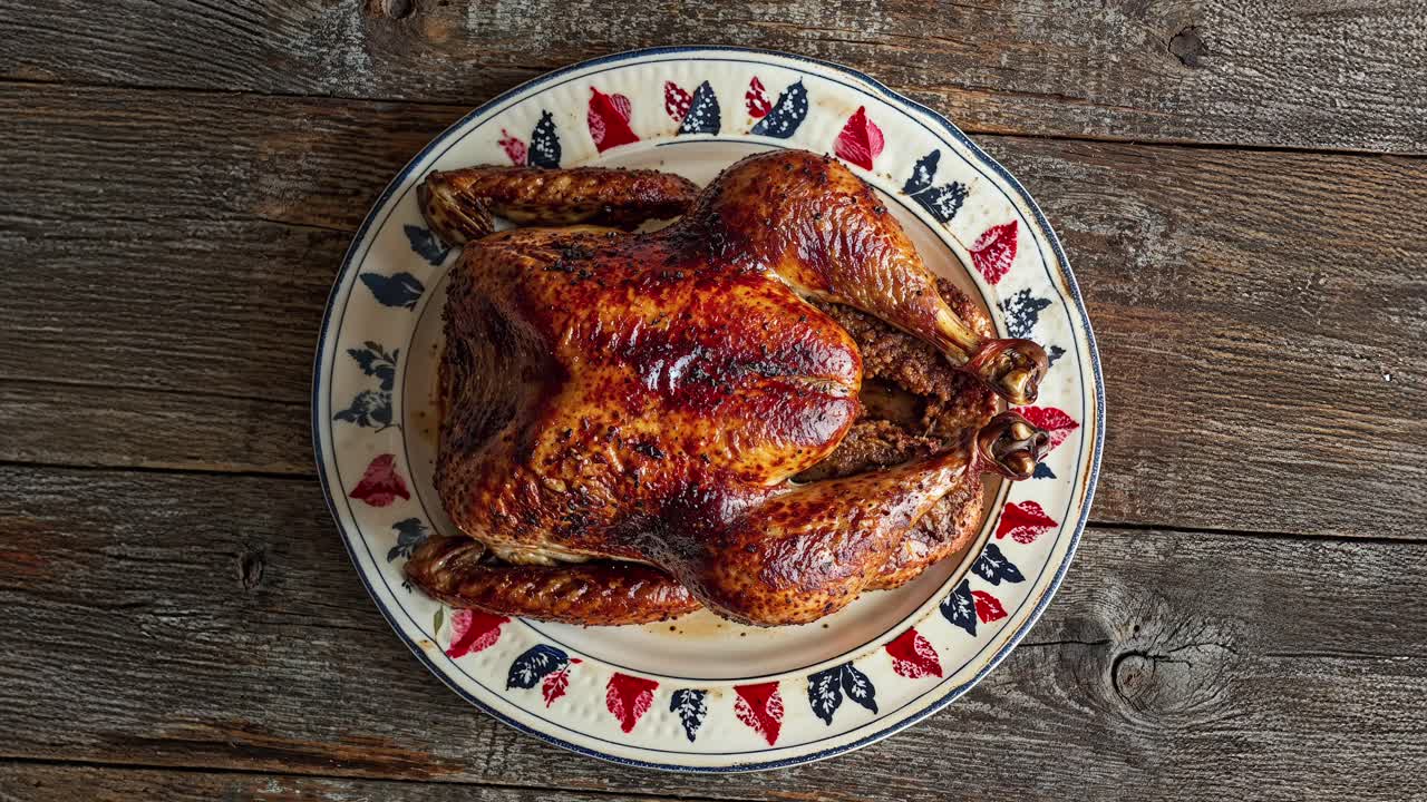 Pollo asado en mesa rústica