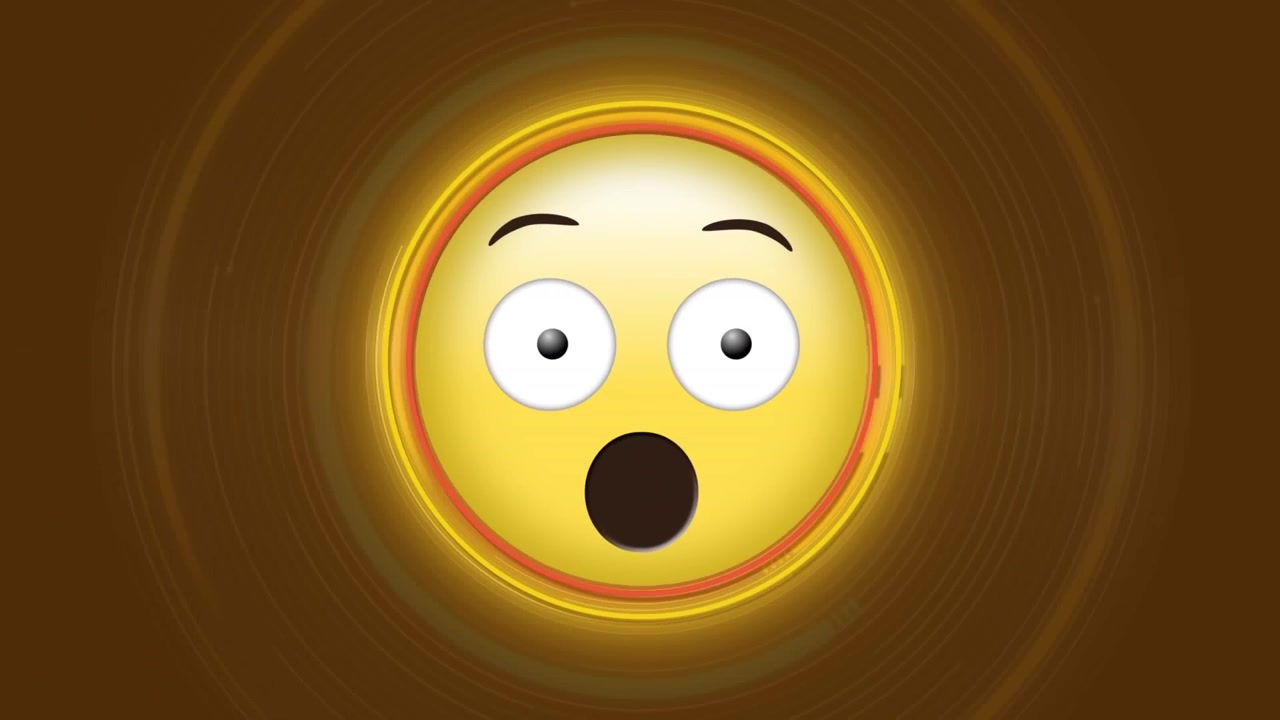 Animation of shocked emoticon with multiple circles spinning on brown background