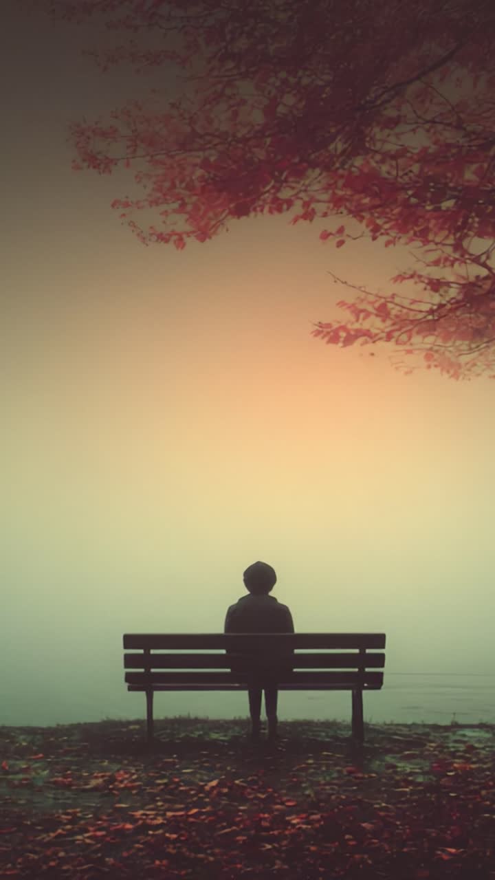 A solitary figure sits on a bench amidst serene autumn surroundings, reflecting calmly as the soft hues of dusk envelop the landscape in tranquility and peace