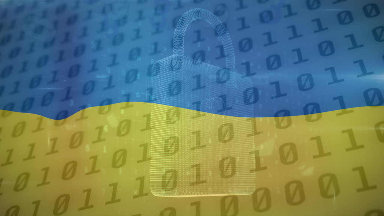 Animace digitálního visacího zámku a binárního kódu přes vlajku Ukrajiny.