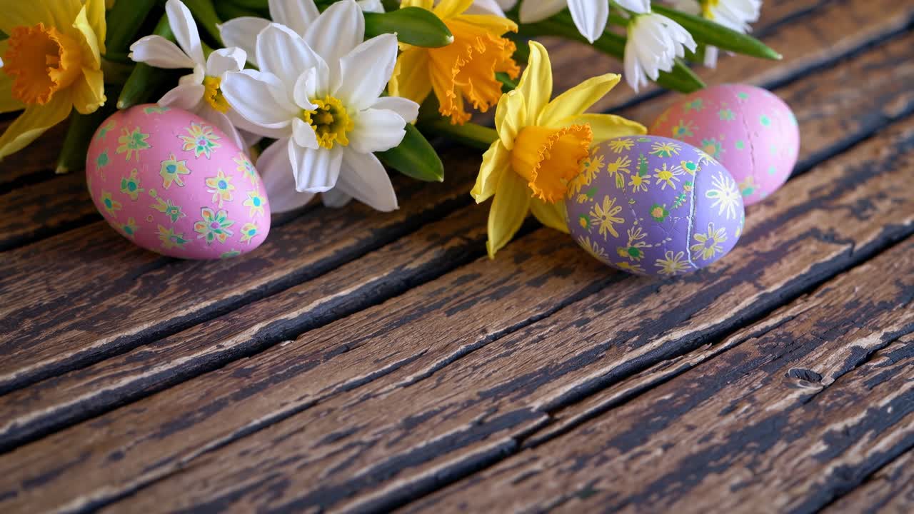 Top-down view of colorful Easter eggs and daffodils on rustic wood