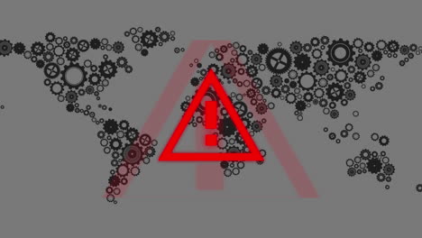 animación de la señal de advertencia de covid-19 sobre los engranajes y el mapa del mundo