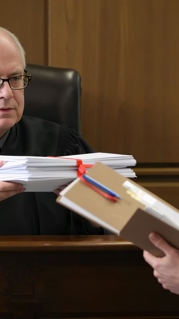 Vertical video: Clerk handing red ribbon stack leading robed judge taking file in court to review