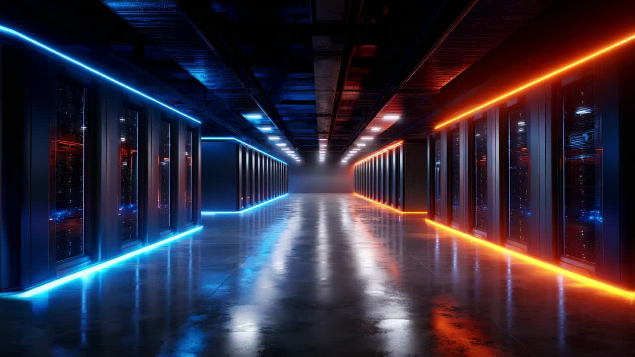 A Stunning Display of Modern Data Centers with Bright Neon Lighting in Blue and Orange, Showcasing Rows of Servers in a High-Tech Environment, Perfect for Technological Innovations and Digital Infrastructure