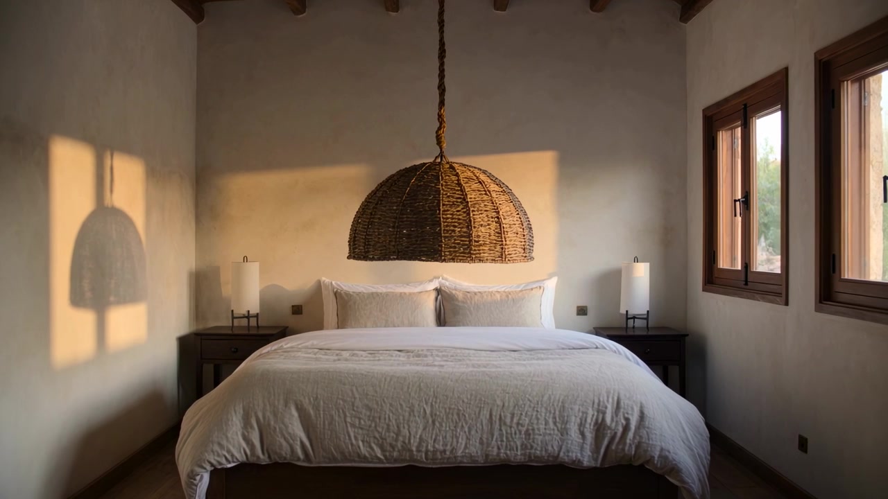 Luce solare che si sposta dalle finestre a destra, il sole si muove, proiettando l'ombra di una lampada a sospensione sul letto in camera da letto.