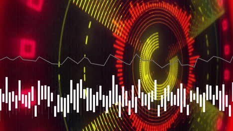 sound waveforms and frequency bars over red circular animation with digital elements